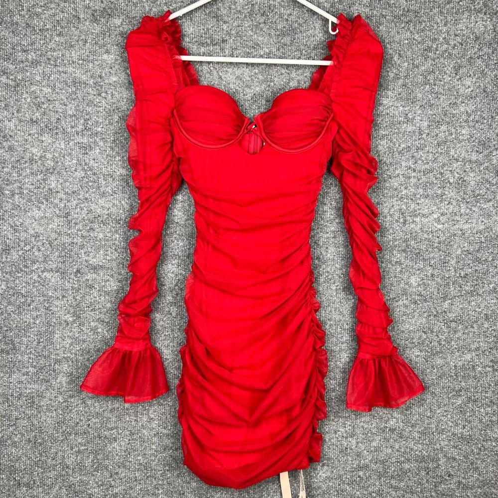 NWT Oh Polly Ruched Mesh Long Sleeve Corset Mini Dress Red size 0